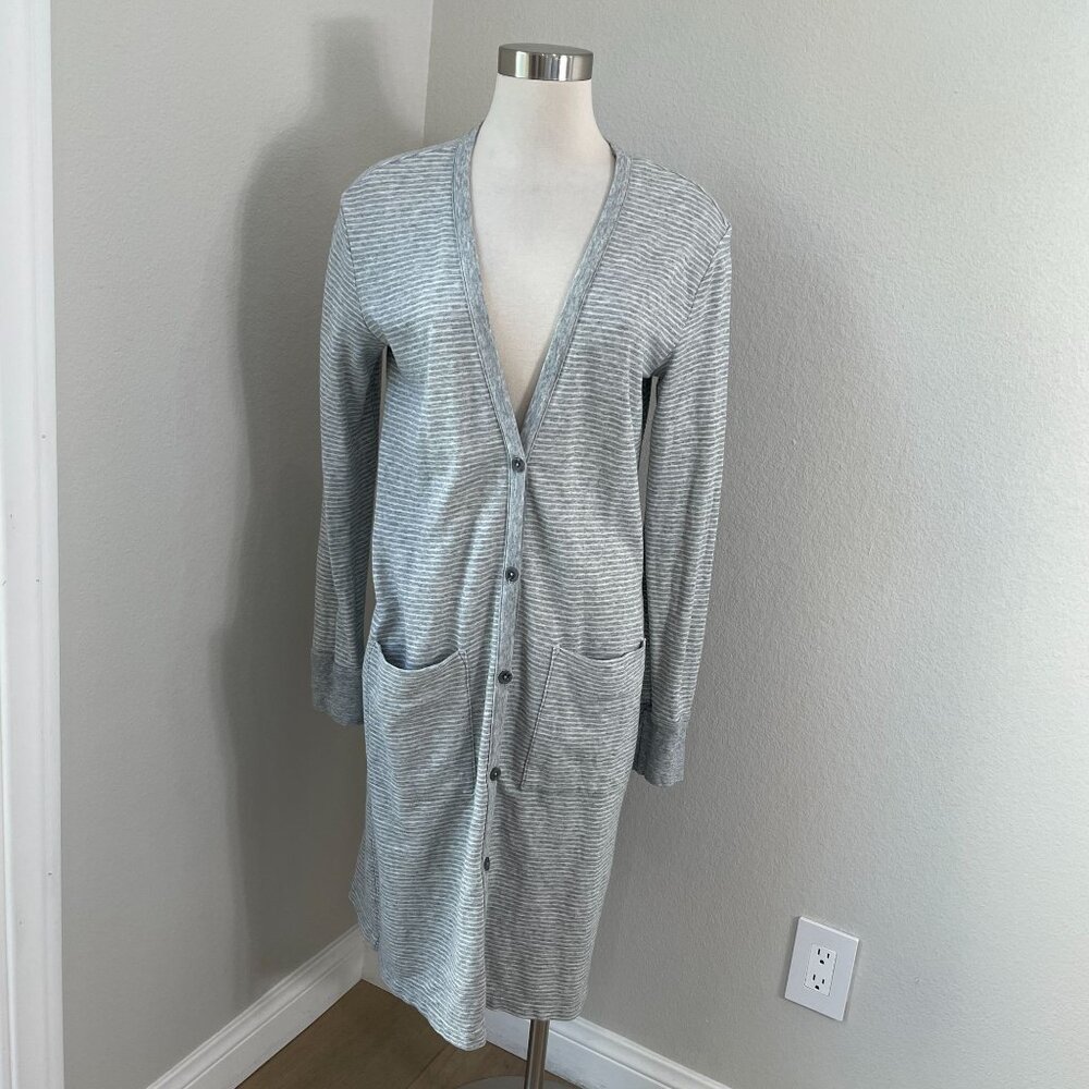 James Perse Womens‎ Large Striped Button Front Long Cardigan Mid Length Gray